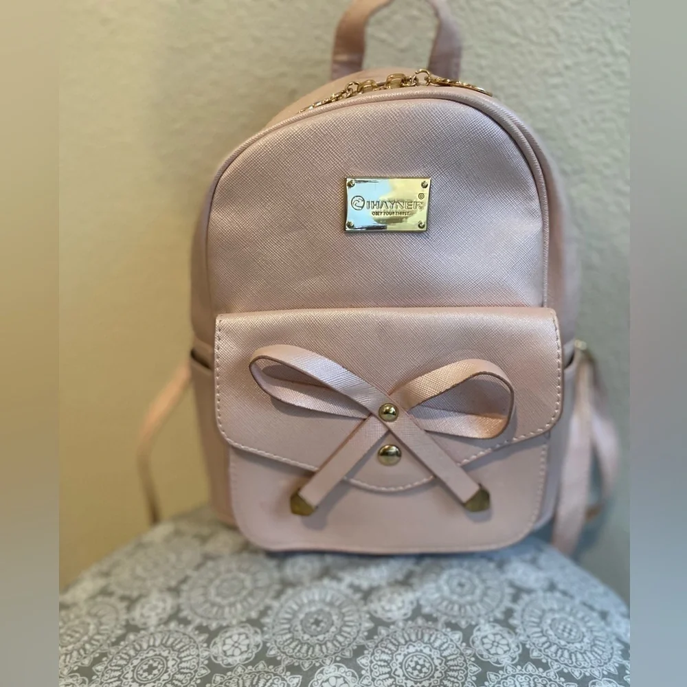 I Ihayner~Sweet Light Pink Bowknot Faux Leather Mini Backpack/Purse~Poly Lining~